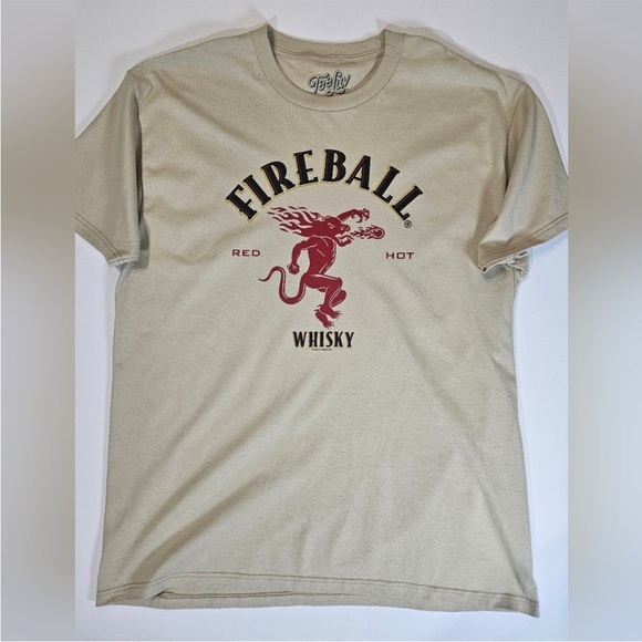 Men's Fireball Whiskey T-Shirt Tan Red Best Night Ever Short Sleeve Devil Top M - Picture 1 of 7